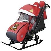 санки-коляска snow galaxy kids 1-2 красный - мишка с бабочкой на больших колесах+сумка+варежки