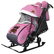 санки-коляска snow galaxy kids 1-2 розовый - мишка в красном на больших колесах+сумка+варежки