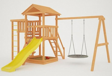 детская деревянная площадка савушка мастер 3 без покрытия  с качелями-гнездом 100