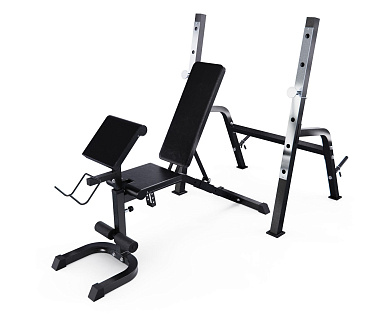 скамья dfc gorilla 201321b черная со стойками под штангу и партой для бицепса