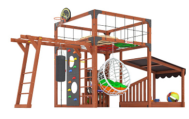 детская деревянная площадка савушка куб-4 махагон с подушками и коконом для дачи